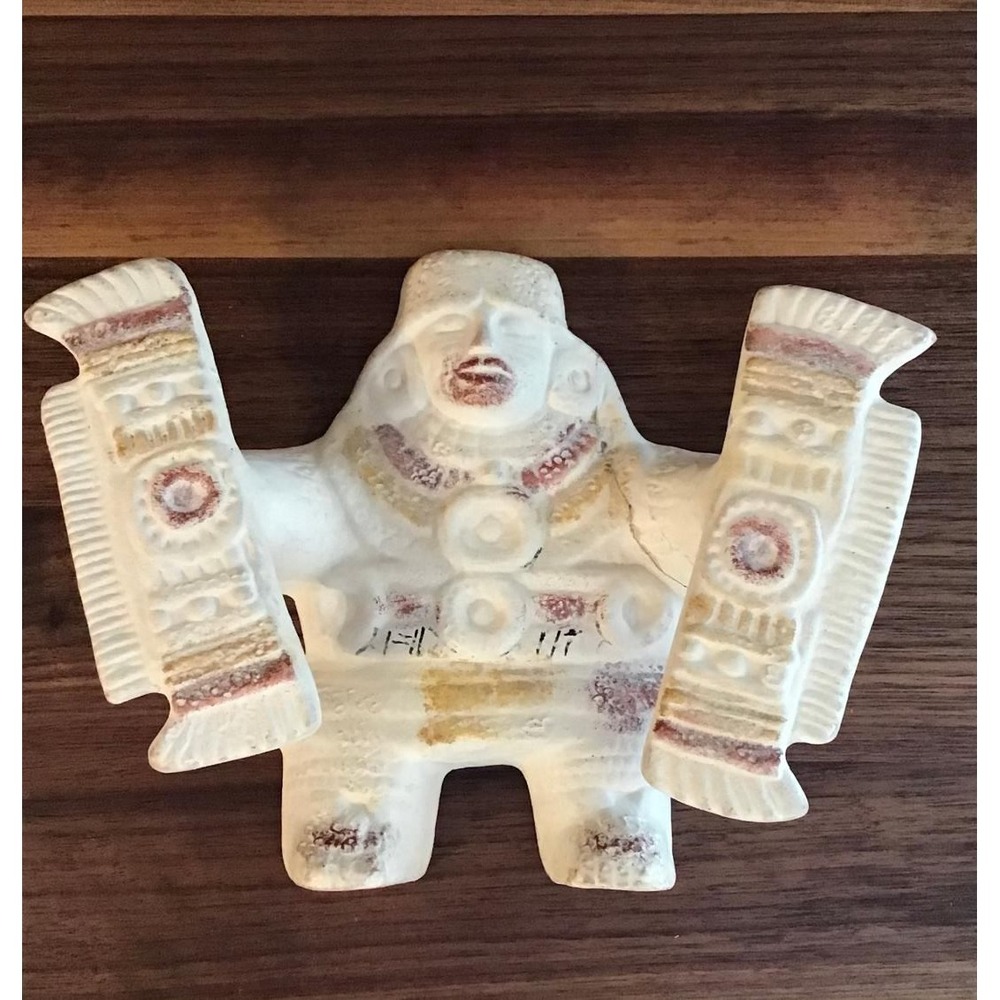 Vintage Mexico Hand Painted Pottery Aztec Mayan Warrior Figurine Folk Art 5x6